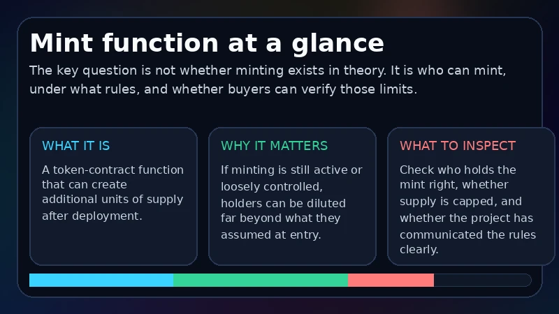 Mint function explainer with contract supply control, dilution risk and token-check workflow