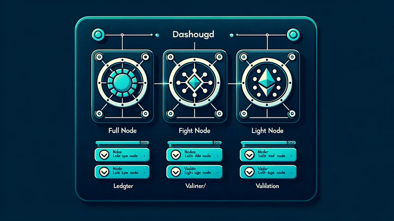 Three types of crypto nodes shown as side-by-side dashboard cards: full node, light node, validator/miner node