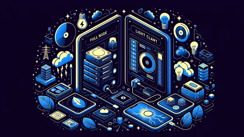 Comparison illustration of running a full node (icon with hard drive and dedicated machine) versus a light client on a phone