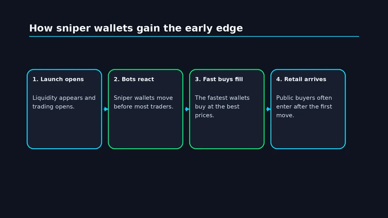 Flow diagram showing how sniper wallets react before public buyers at launch