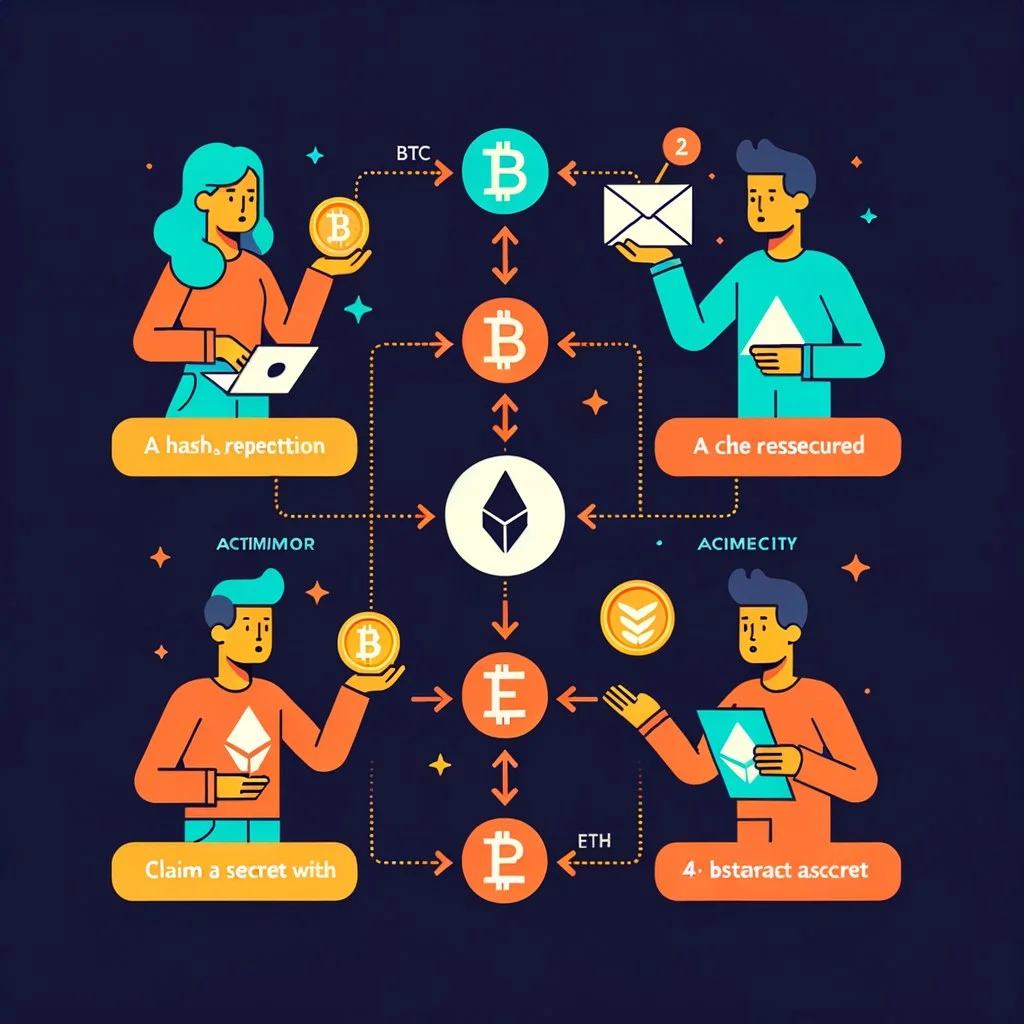 Conceptual illustration of a peer-to-peer atomic swap between Bitcoin and Ethereum without a centralized intermediary