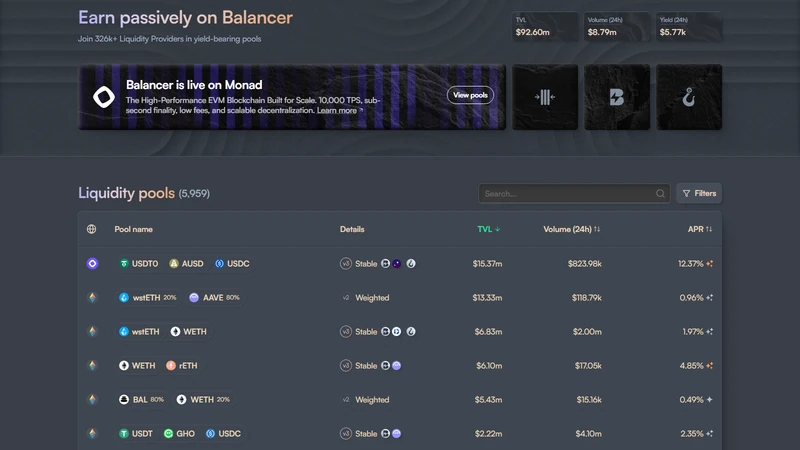 Balancer V3 user interface dashboard showing pool browser swap interface and gauge voting page