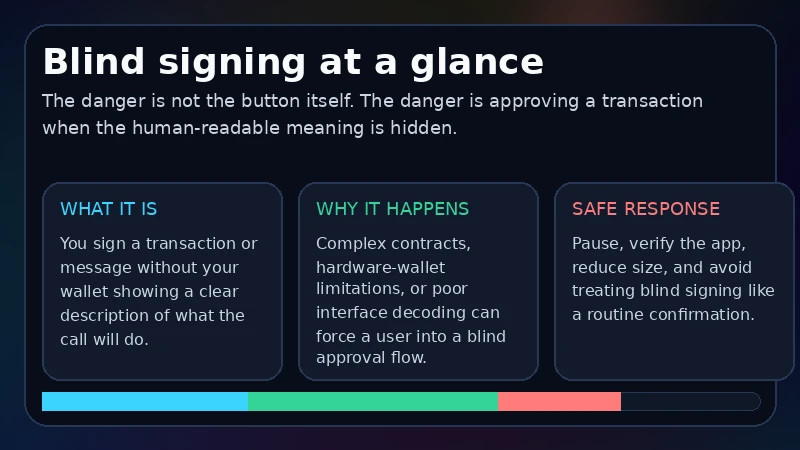 Blind signing explainer with unreadable transaction data, wallet confirmation risk and safer review workflow