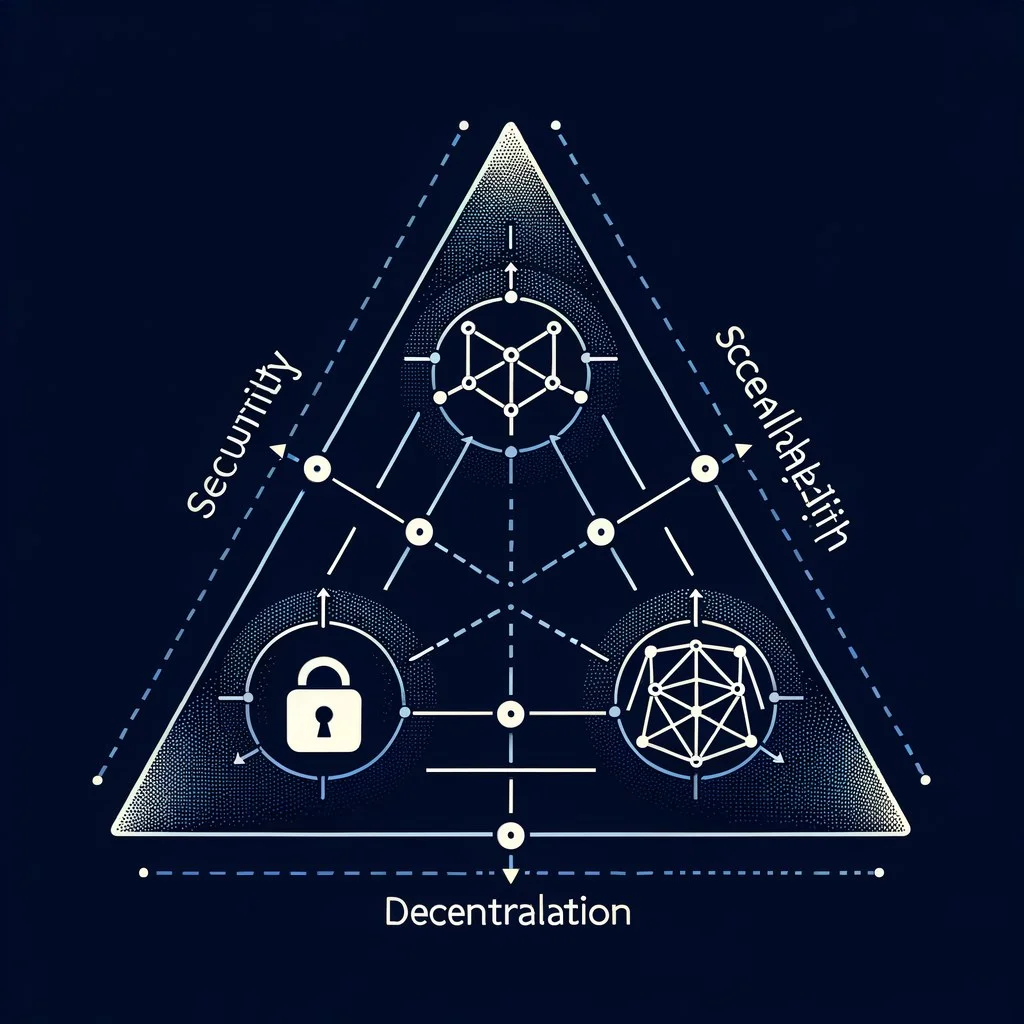 Visual diagram of the blockchain trilemma triangle showing trade-offs between security, scalability, and decentralization