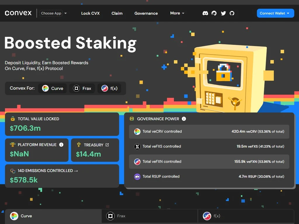 Convex Finance dashboard showing Curve LP staking pools and boosted CRV rewards interface