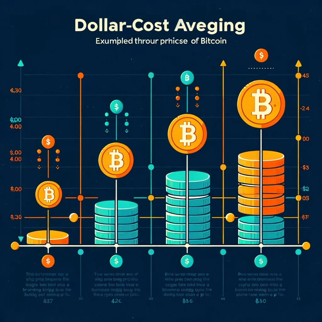 Bitcoin chart showing a dollar cost averaging strategy with regular weekly purchases across a full market cycle