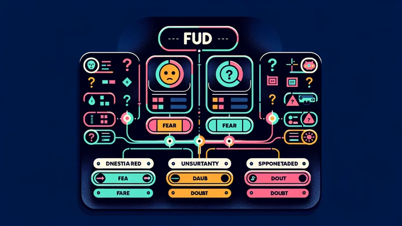 Educational diagram breaking the FUD acronym into Fear, Uncertainty, and Doubt as three small dashboard cards