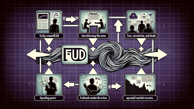 Visual of a FUD news cycle: headline appears, social media spreads, price drops, recovery as news fades