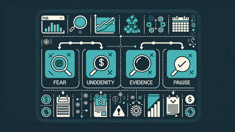 Decision flow visual: how to evaluate FUD using source check, evidence, historical context, and action