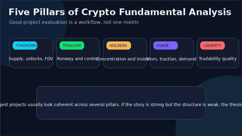 Framework diagram showing the five pillars of crypto fundamental analysis: tokenomics, treasury and insiders, liquidity and holders, usage and fees, and narrative and product fit