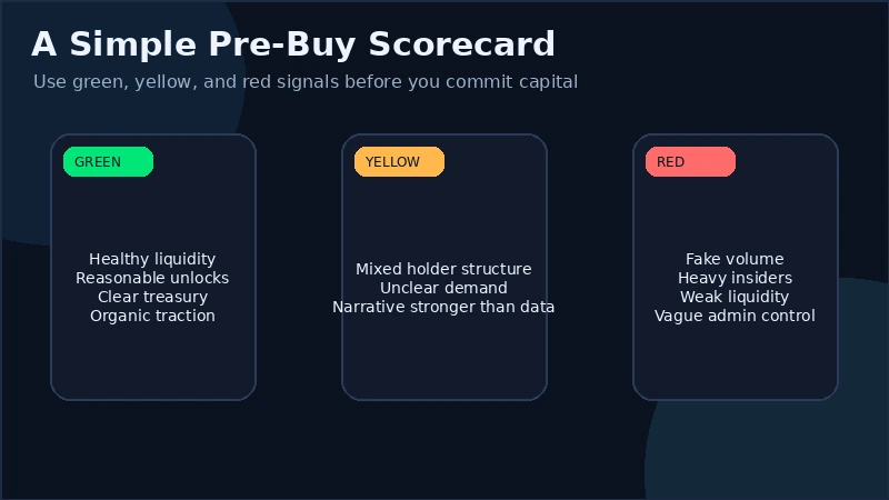 Pre-buy crypto project scorecard showing green, yellow, and red signals for liquidity, unlocks, admin control, holder concentration, and usage quality