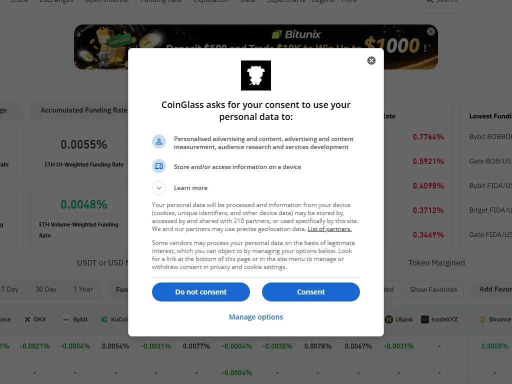 Crypto perpetual futures dashboard showing funding rate countdown timer and positive funding payment between long and short traders