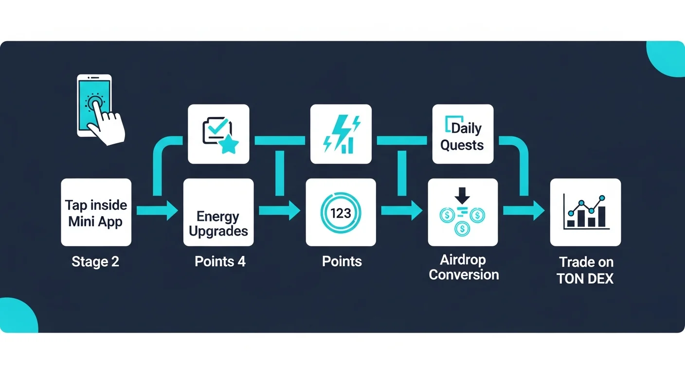 Diagram of HMSTR campaign flow: tap in Mini App, daily quests, card upgrades, airdrop conversion, trade on TON DEX