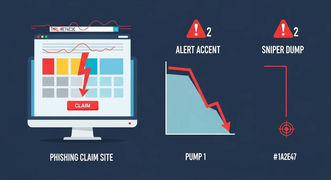 Four-panel illustration of HMSTR-related caution icons: phishing claim, sniper dump, fake app, copycat token