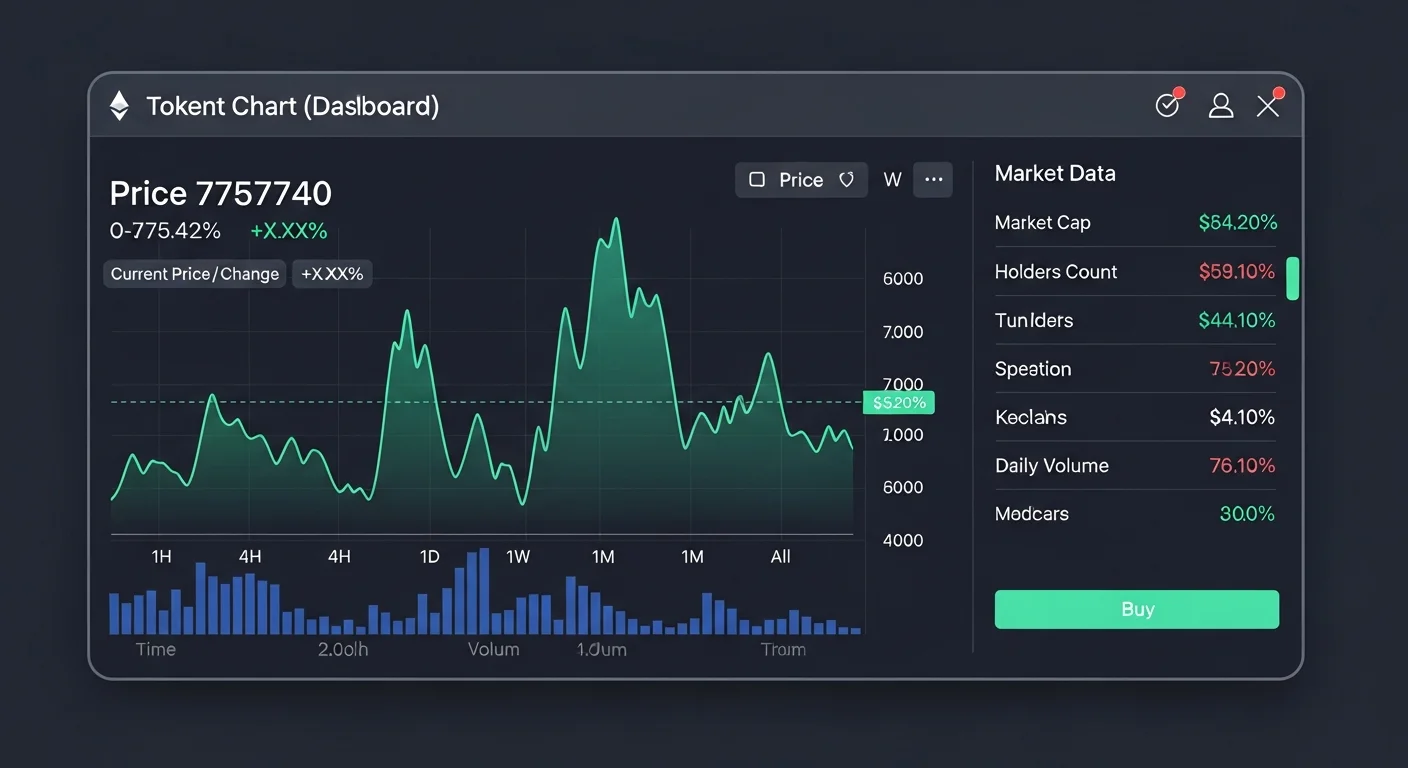 Trading dashboard mockup showing a generic token's price chart, market cap, holders, volume, and buy button