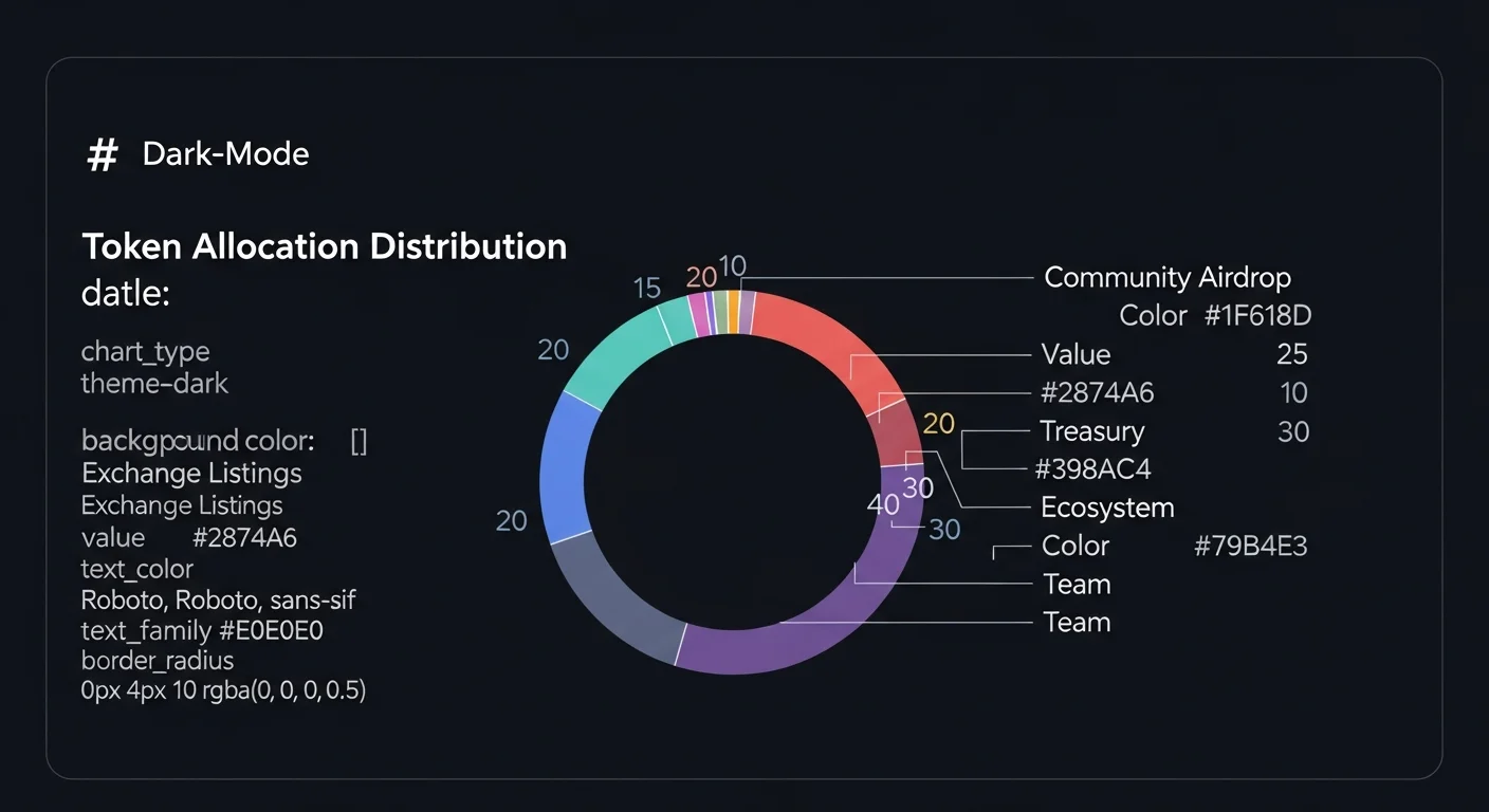 Token allocation pie chart mockup split into community airdrop, exchange listings, treasury, ecosystem, team