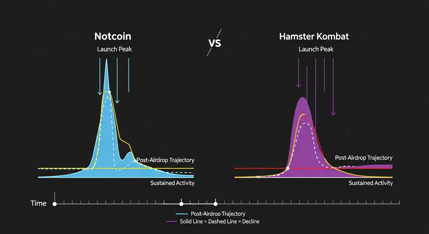 Infographic comparing Notcoin and Hamster Kombat lifecycles on launch peak, trajectory, and sustained activity