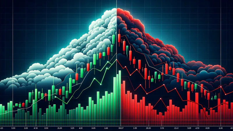 Visual showing price above a green Ichimoku cloud (bullish) and below a red cloud (bearish) on two side-by-side panels