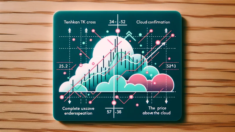 Diagram of an Ichimoku TK cross with cloud confirmation: Tenkan crossing Kijun upward while price is above the cloud