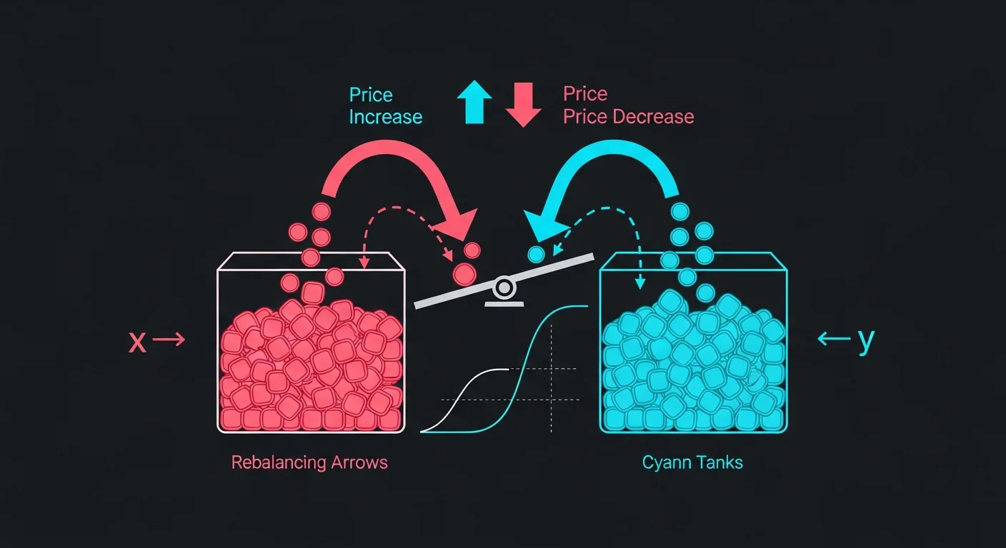 Diagram showing AMM constant-product math with two token tanks and arrows showing rebalancing as prices change
