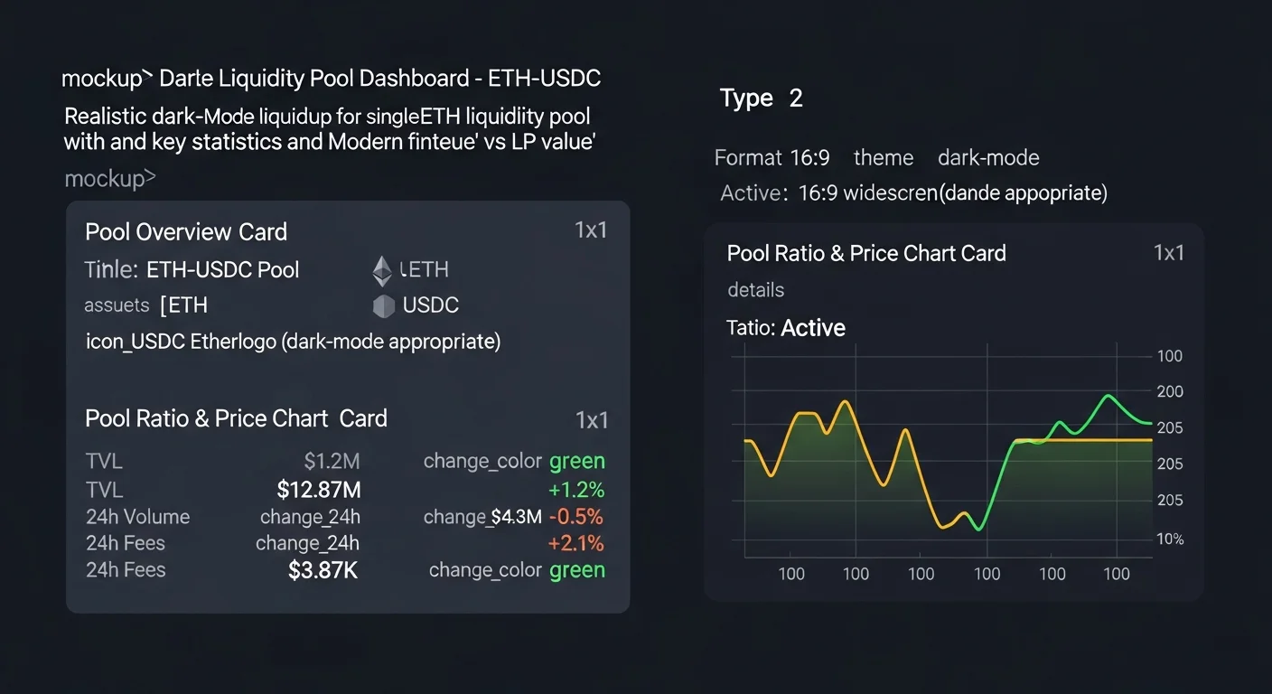 Liquidity pool dashboard mockup with statistics and a hold value vs LP value diverging chart