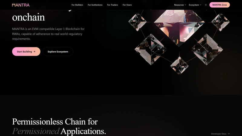 MANTRA Chain mainnet dashboard showing OM staking rewards, validator set, and RWA module activity