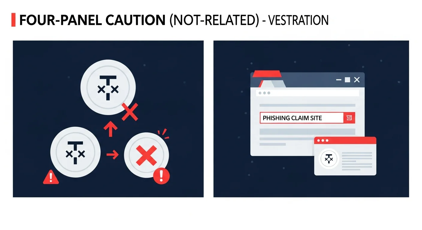 Four-panel illustration of NOT-related caution icons: copycat, phishing claim, sniper dump, listing fade
