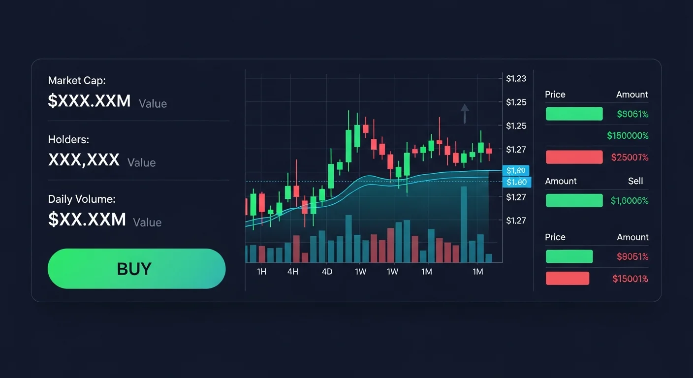 Trading dashboard mockup showing a generic token's price chart, market cap, holders, volume, and buy button