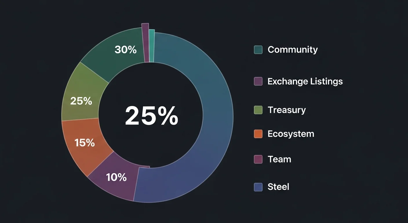 Token allocation pie chart mockup split into community, exchange listings, treasury, ecosystem, and team buckets