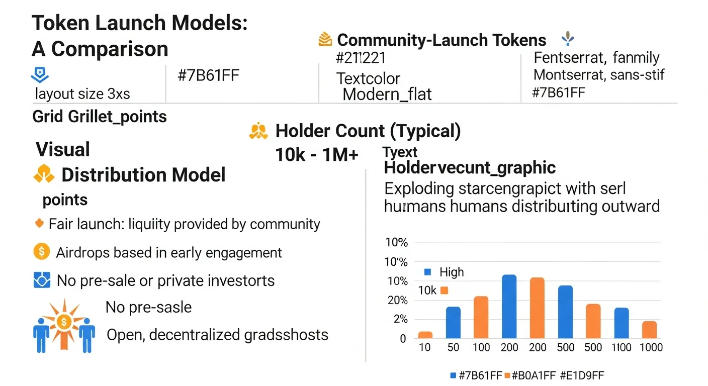 Infographic comparing community-launch, VC-launch, and tap-to-earn tokens on distribution and price arc
