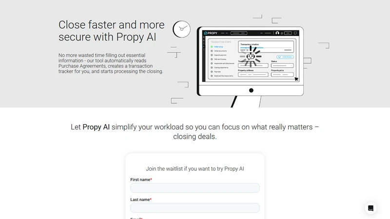Propy AI Agent for real estate transactions interface showing automated contract review and closing checklist with NFT title deed status