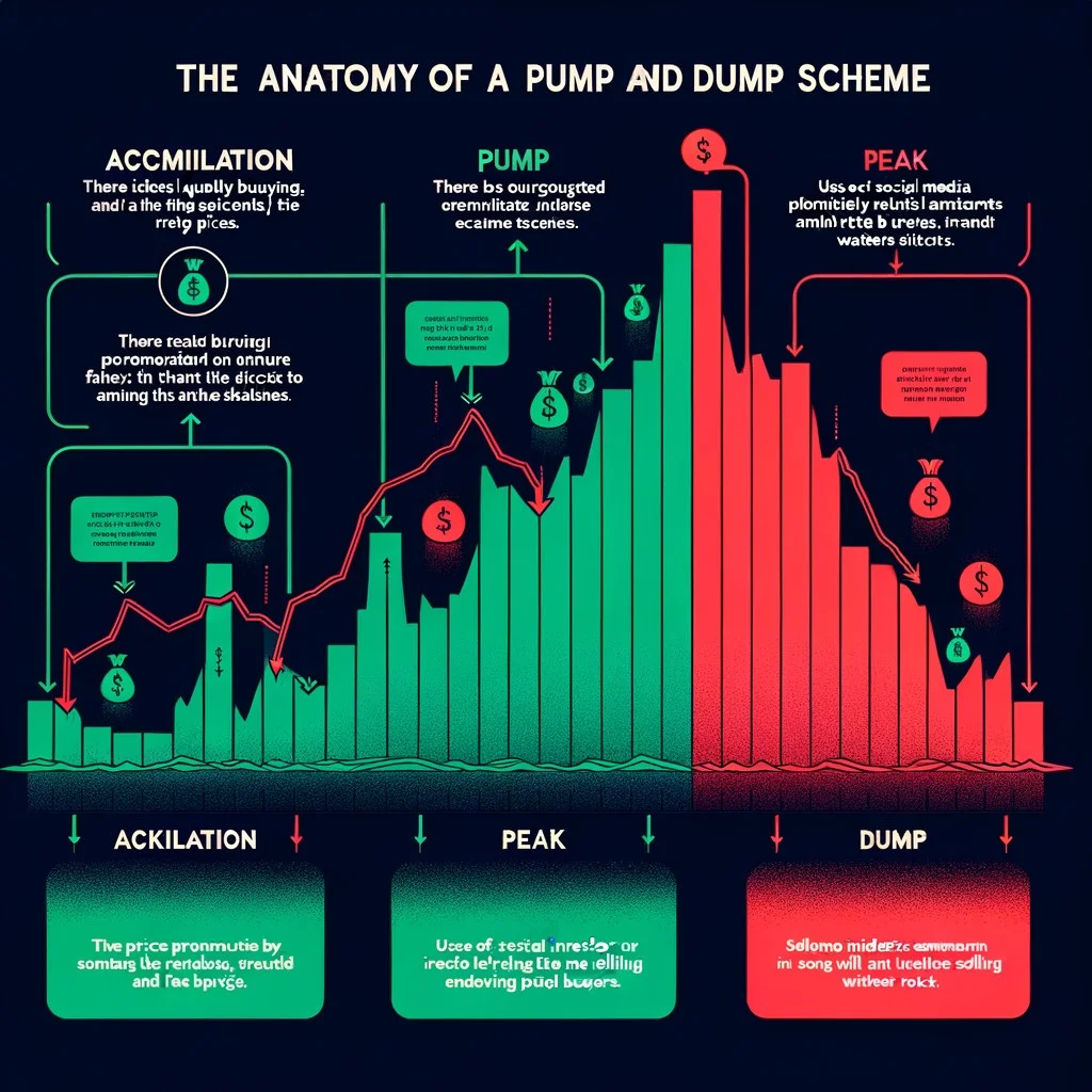 Crypto trading chart showing a classic pump and dump pattern with a vertical green spike followed by an instant red dump