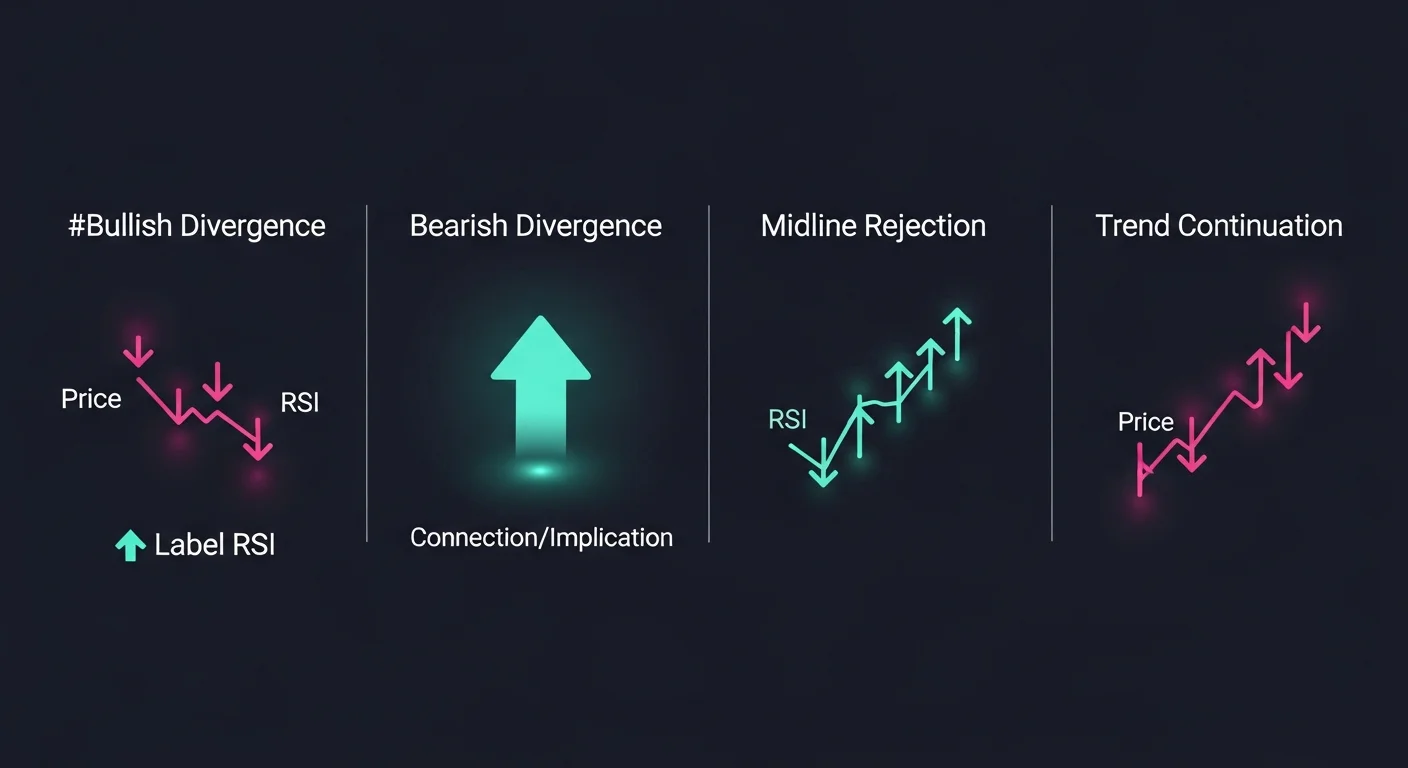 Four-state RSI explainer showing bullish divergence, bearish divergence, midline rejection, and trend continuation