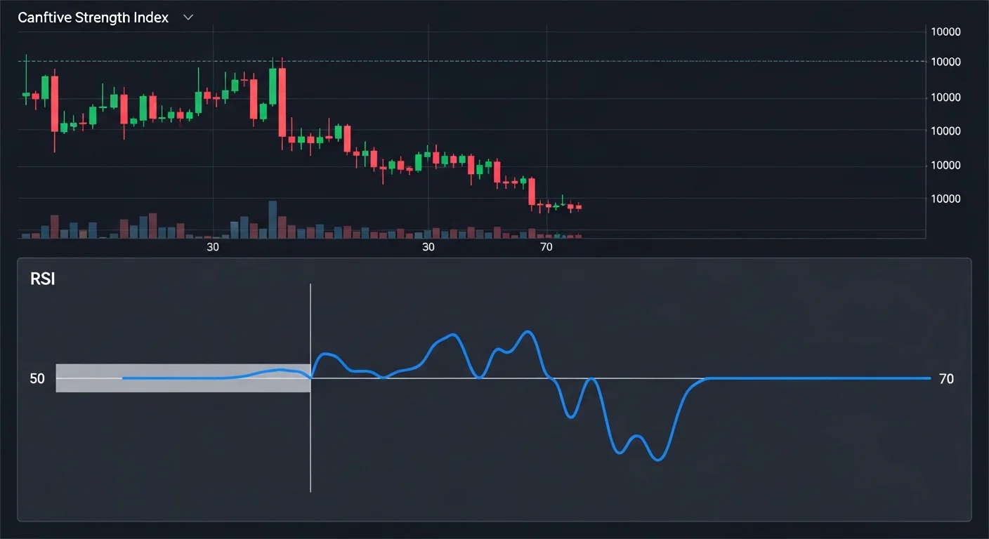 Trading dashboard mockup showing RSI bouncing off the 50 midline before breaking below it