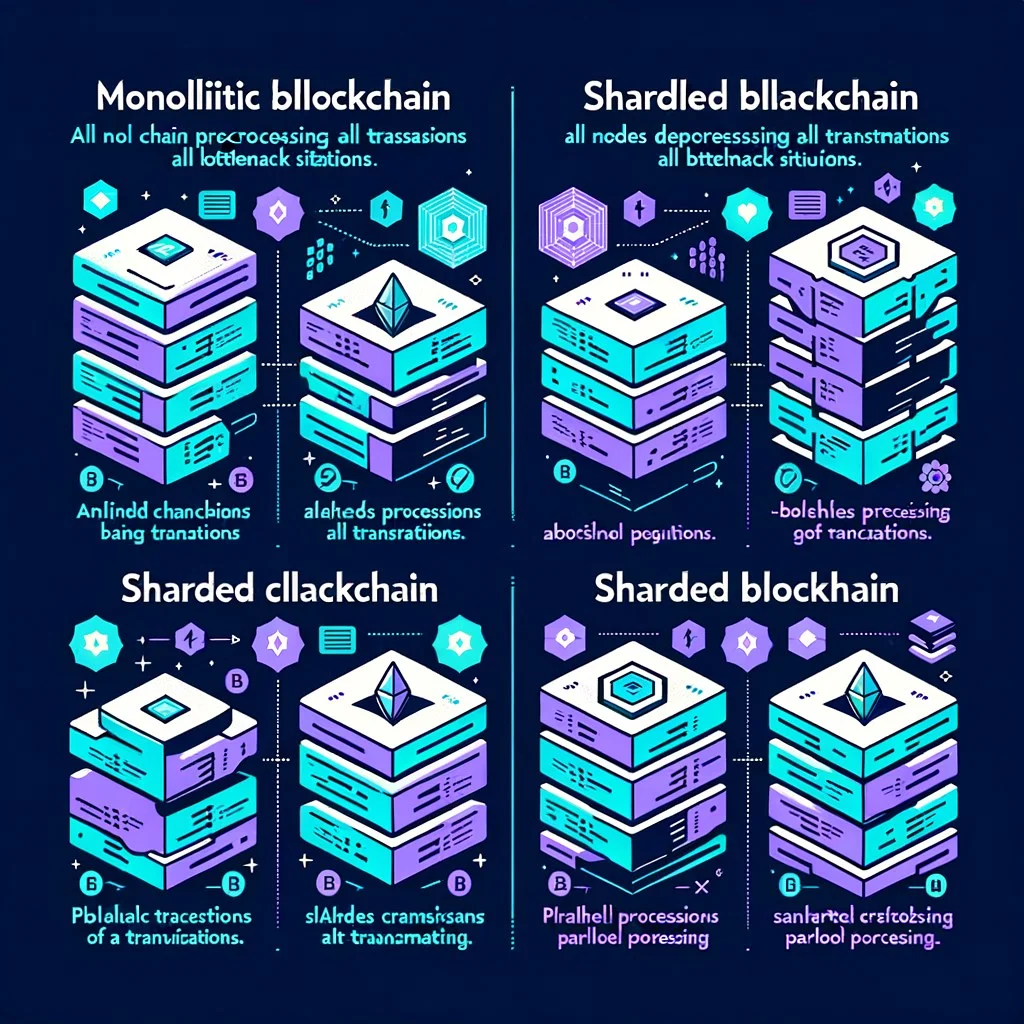 Conceptual illustration of a sharded blockchain network with multiple parallel chains processing transactions