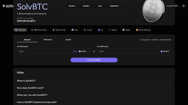 Solv Protocol dashboard interface showing real time TVL, SolvBTC variant pool sizes and current yield rates across chains
