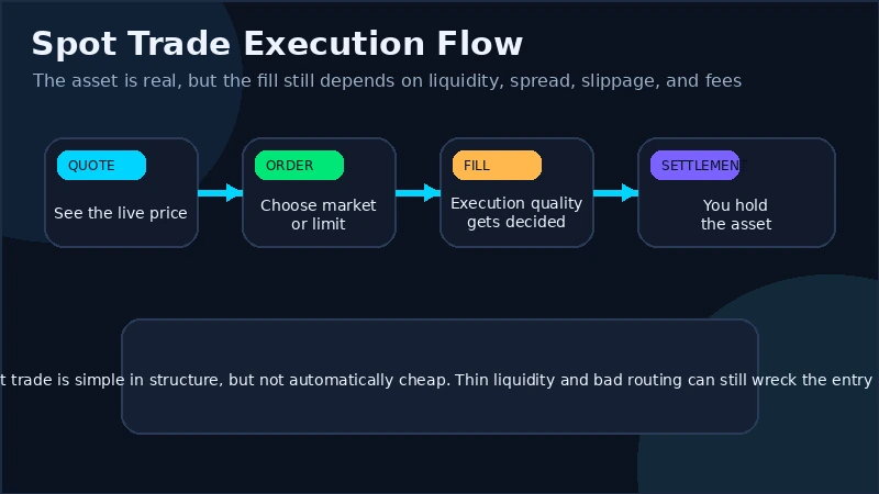 Flowchart showing a spot trade moving from quote to order to fill to final wallet balance, with spread, slippage, and fees called out