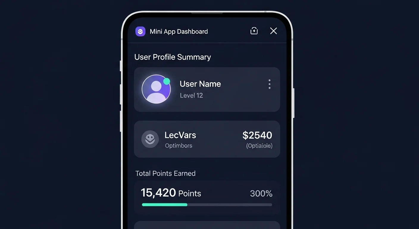 User activity dashboard mockup inside a Mini App showing tasks completed, points earned, and remaining quests