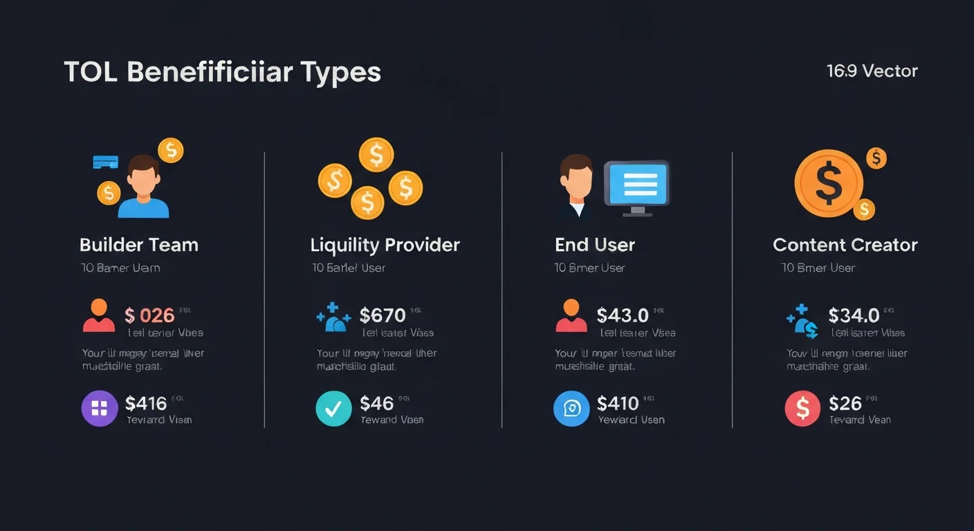 Infographic showing four TOL beneficiary types: builder team, end user, liquidity provider, content creator