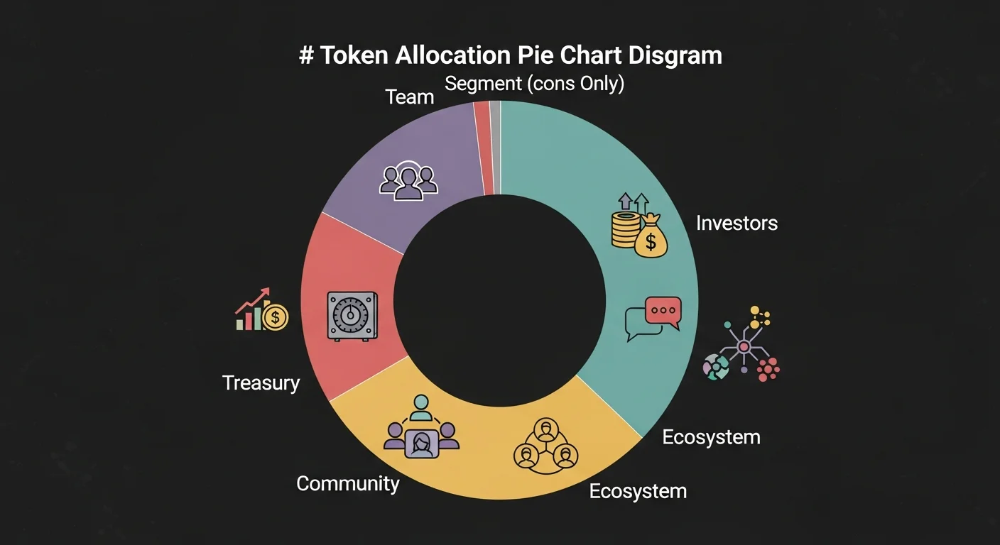 Token allocation pie chart split into team, investors, treasury, community, and ecosystem segments