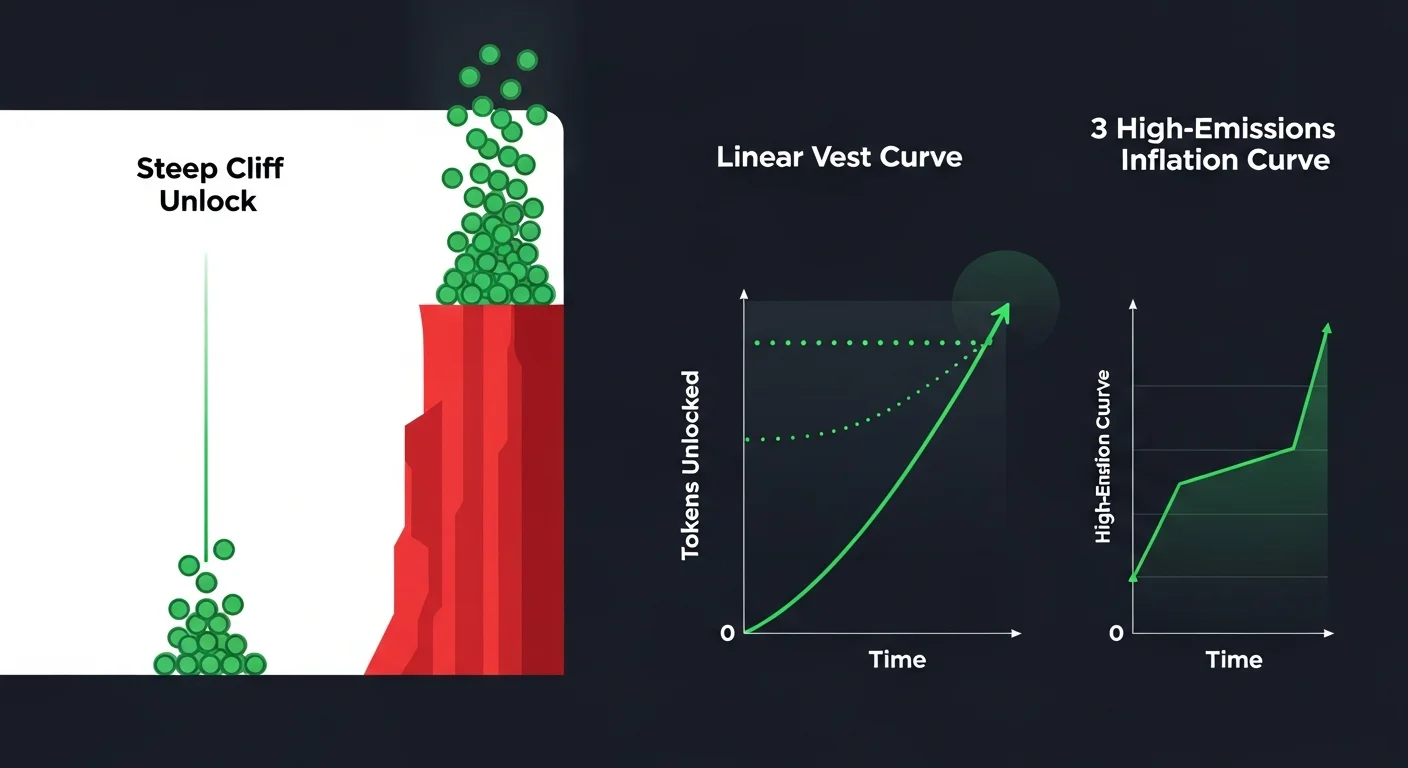 Four-panel illustration showing cliff unlock, linear vest, high emissions inflation, and deflationary burn curves