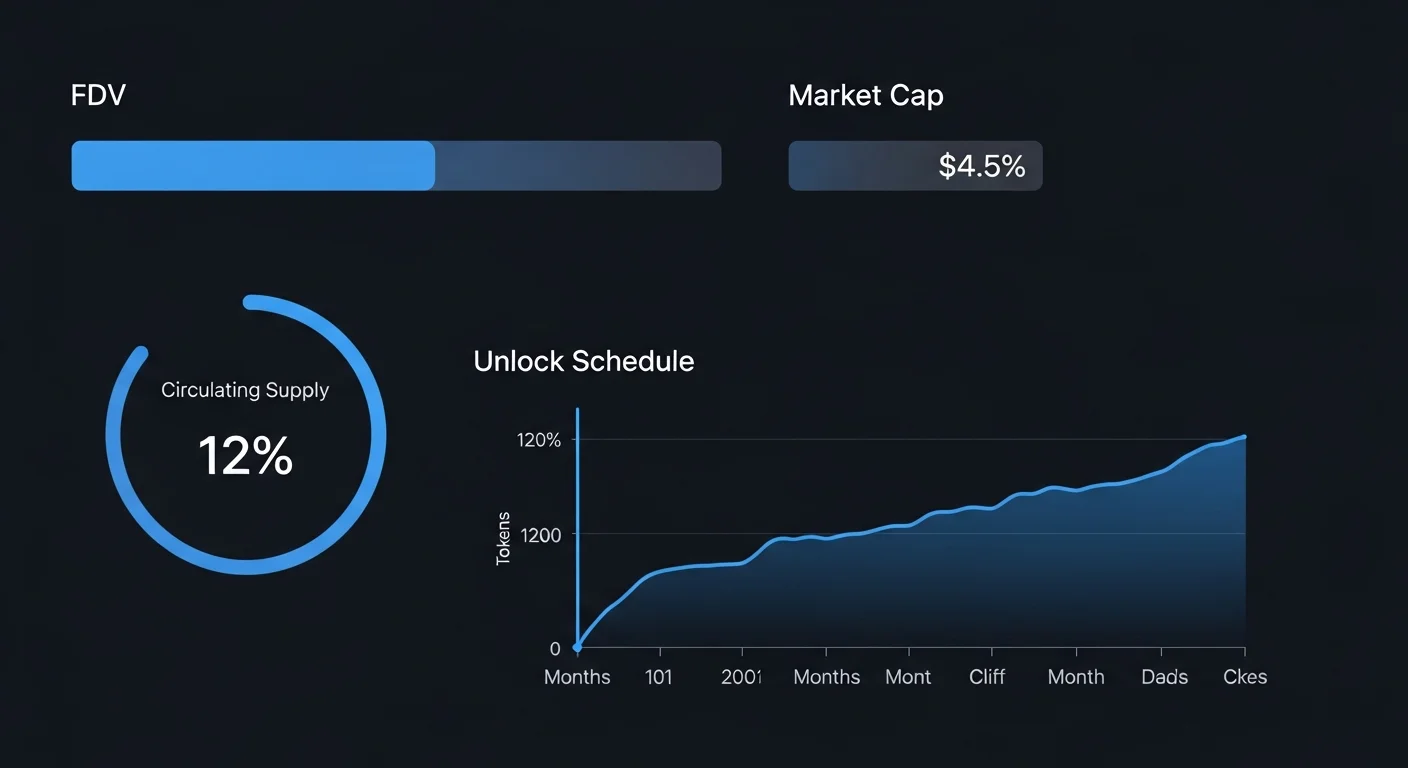 Tokenomics dashboard mockup showing FDV vs market cap bars, circulating supply progress, and an unlock schedule with a steep cliff