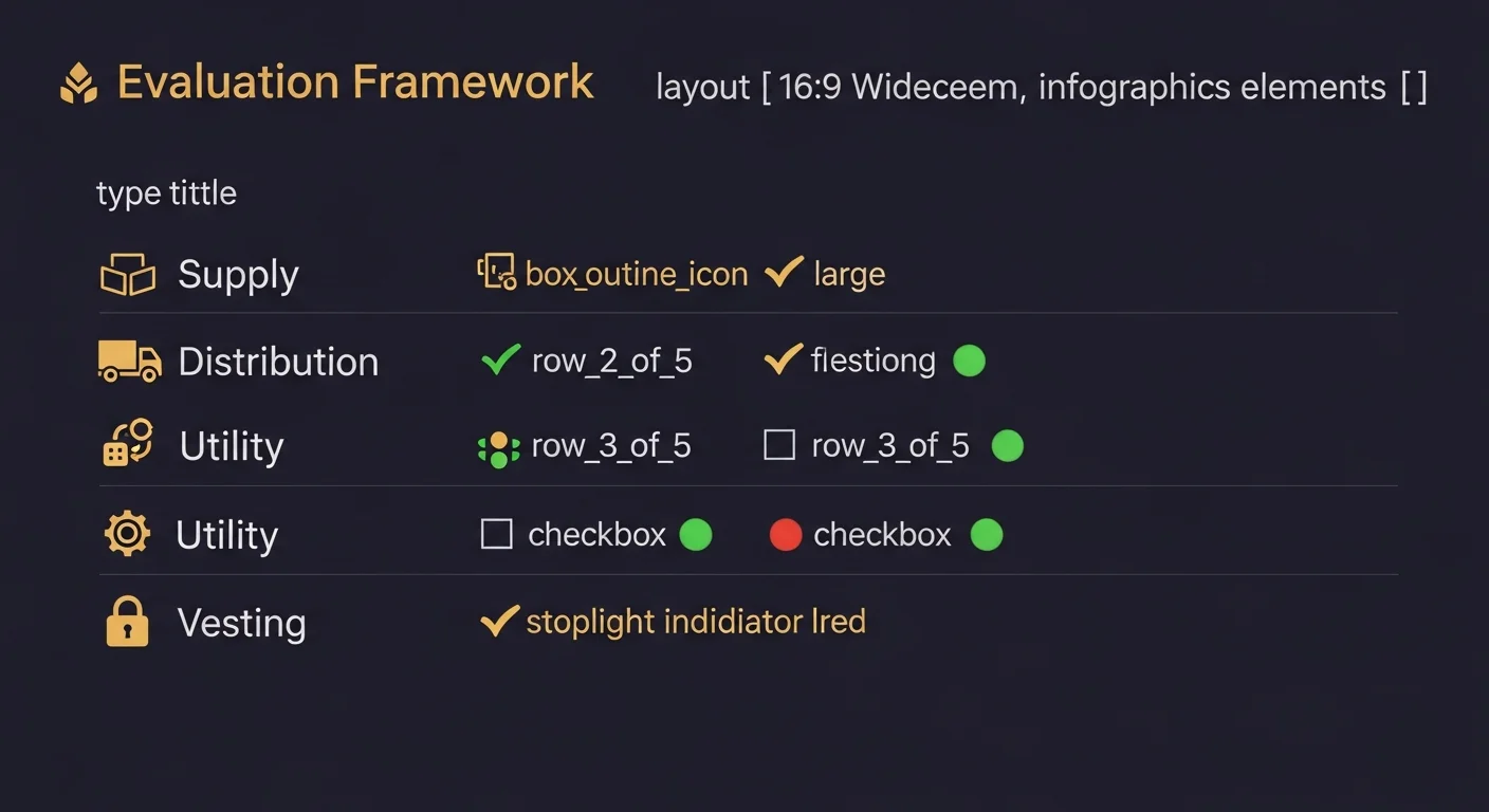 Tokenomics evaluation framework infographic with five rows for supply, distribution, utility, vesting and emissions with status indicators