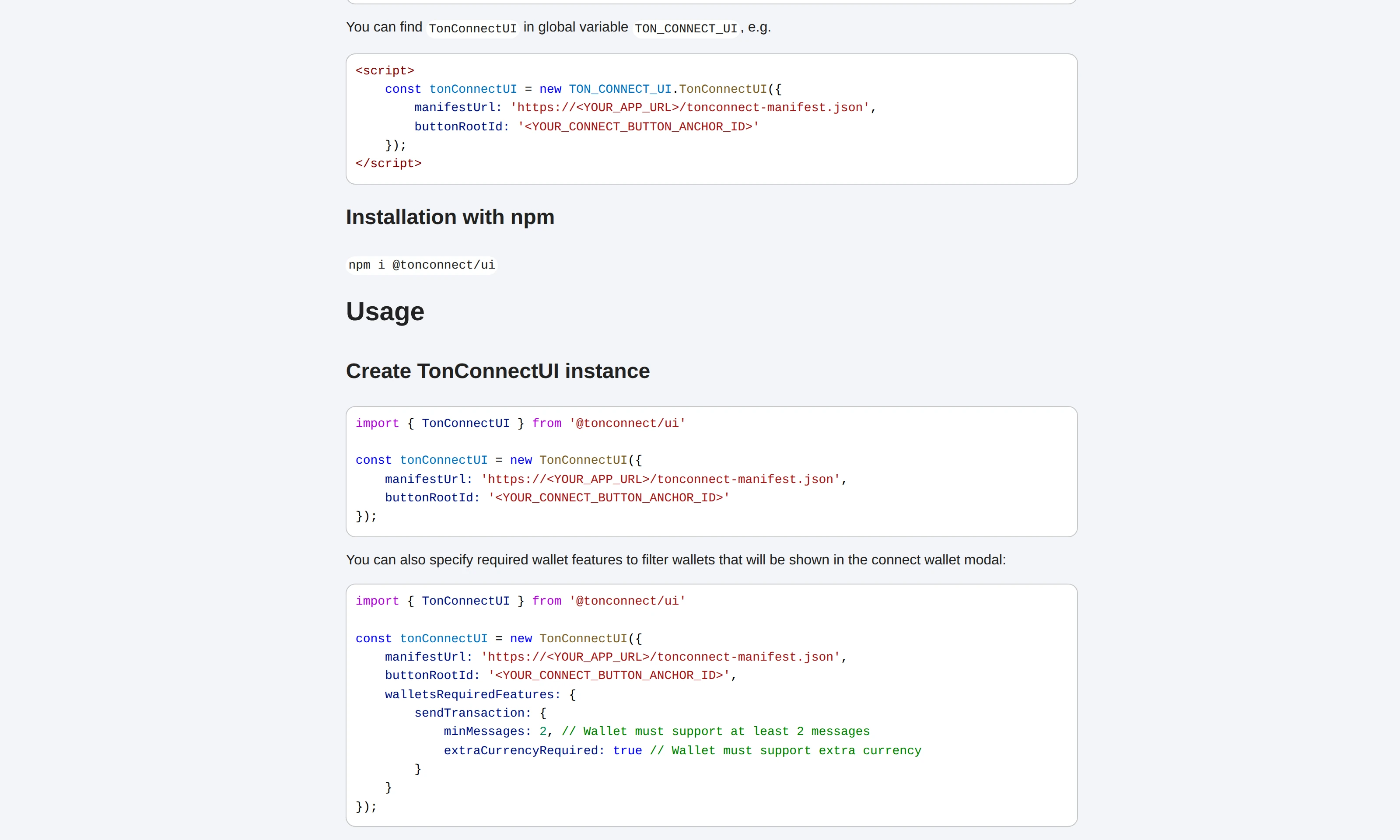 TON Connect UI documentation showing the wallet connection toolkit and usage flow