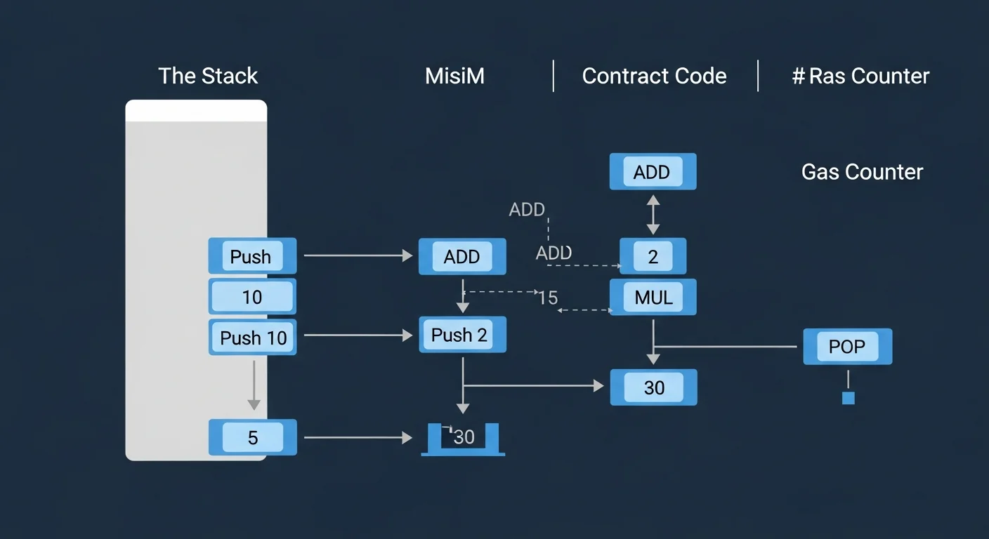 Diagram of TVM stack-based execution model with stack, contract code, and gas counter