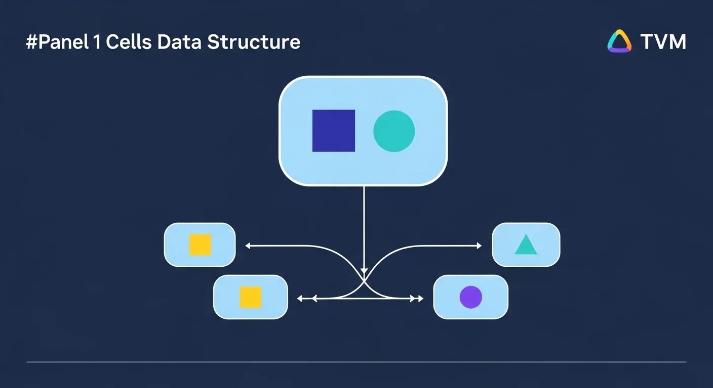 Four-panel illustration of TVM concepts: cells data structure, asynchronous messages, gas metering, gas refund