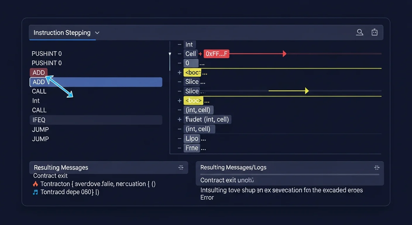 TVM execution trace mockup showing instructions stepped, stack changes, and resulting messages