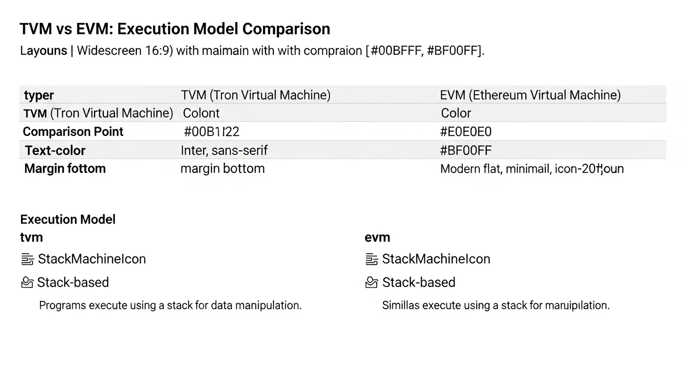Infographic comparing TVM and EVM on execution model, data layout, gas metering, and language support