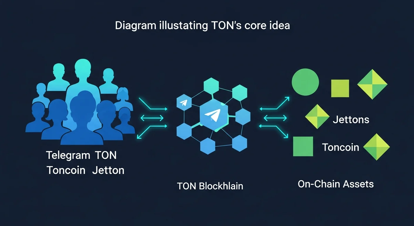 Diagram of TON's core idea connecting Telegram users to on-chain assets like Toncoin and Jettons