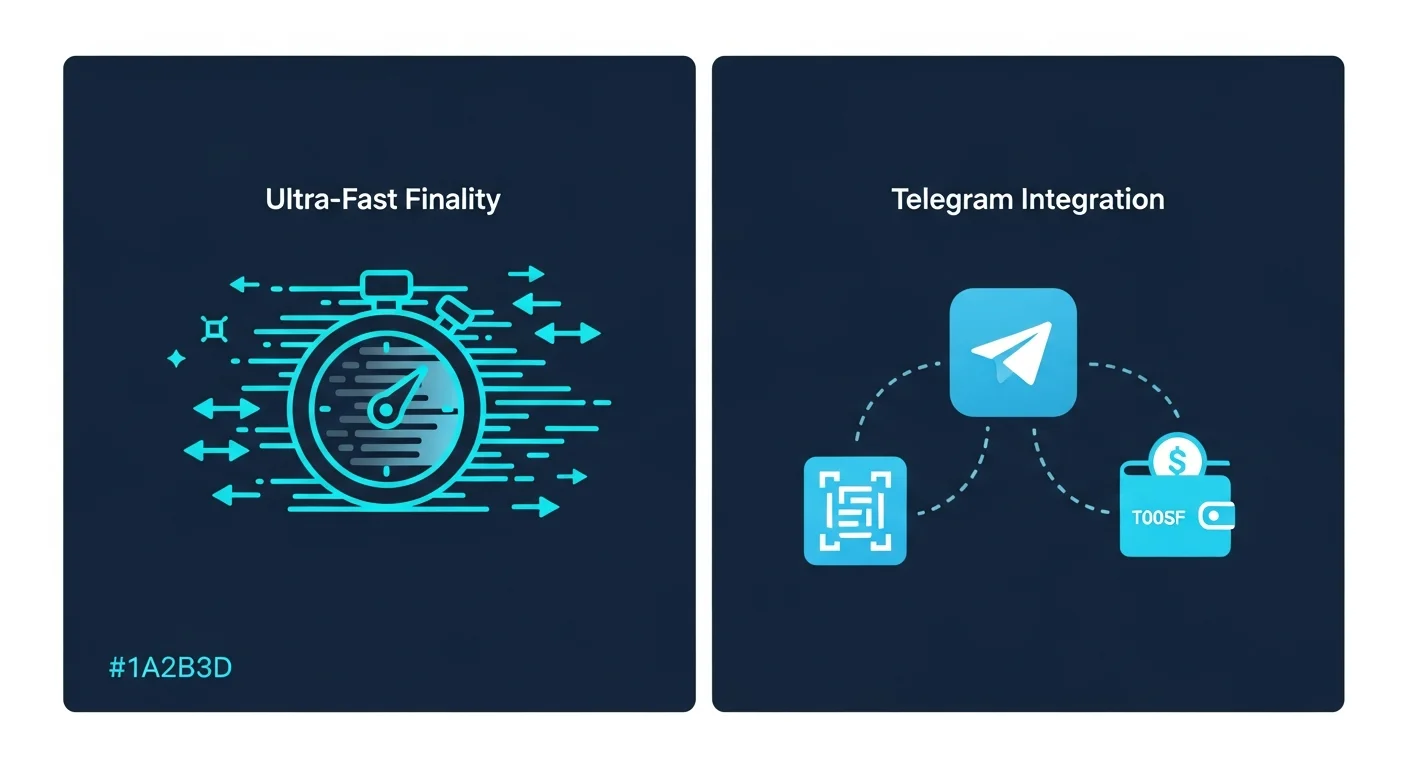 Four-panel illustration of TON's defining features: fast finality, Telegram integration, low fees, dynamic sharding